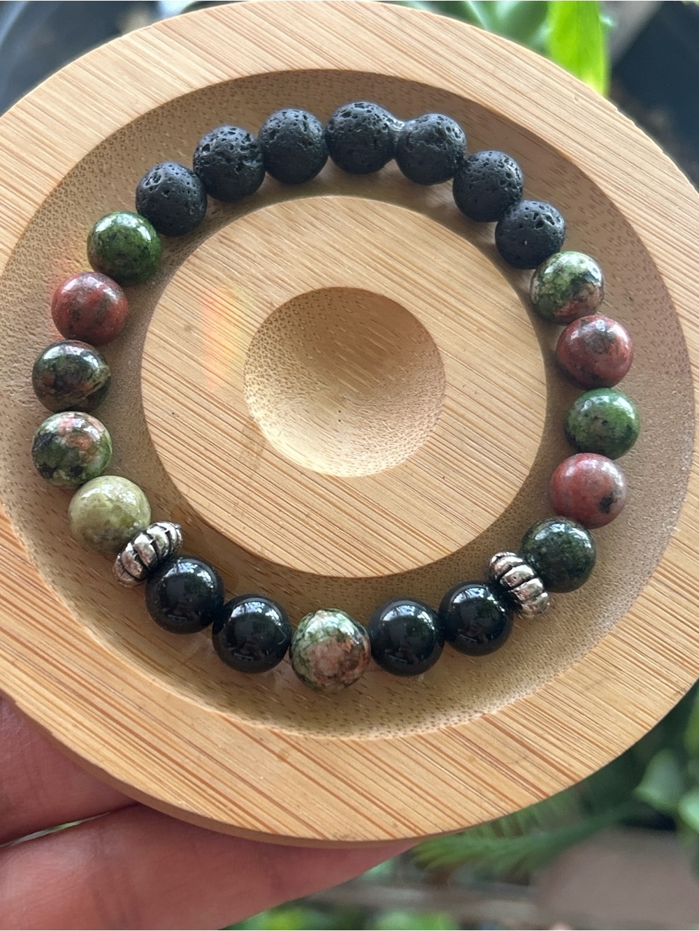 Handmade lava stone bracelet with unakite + black obsidian beads